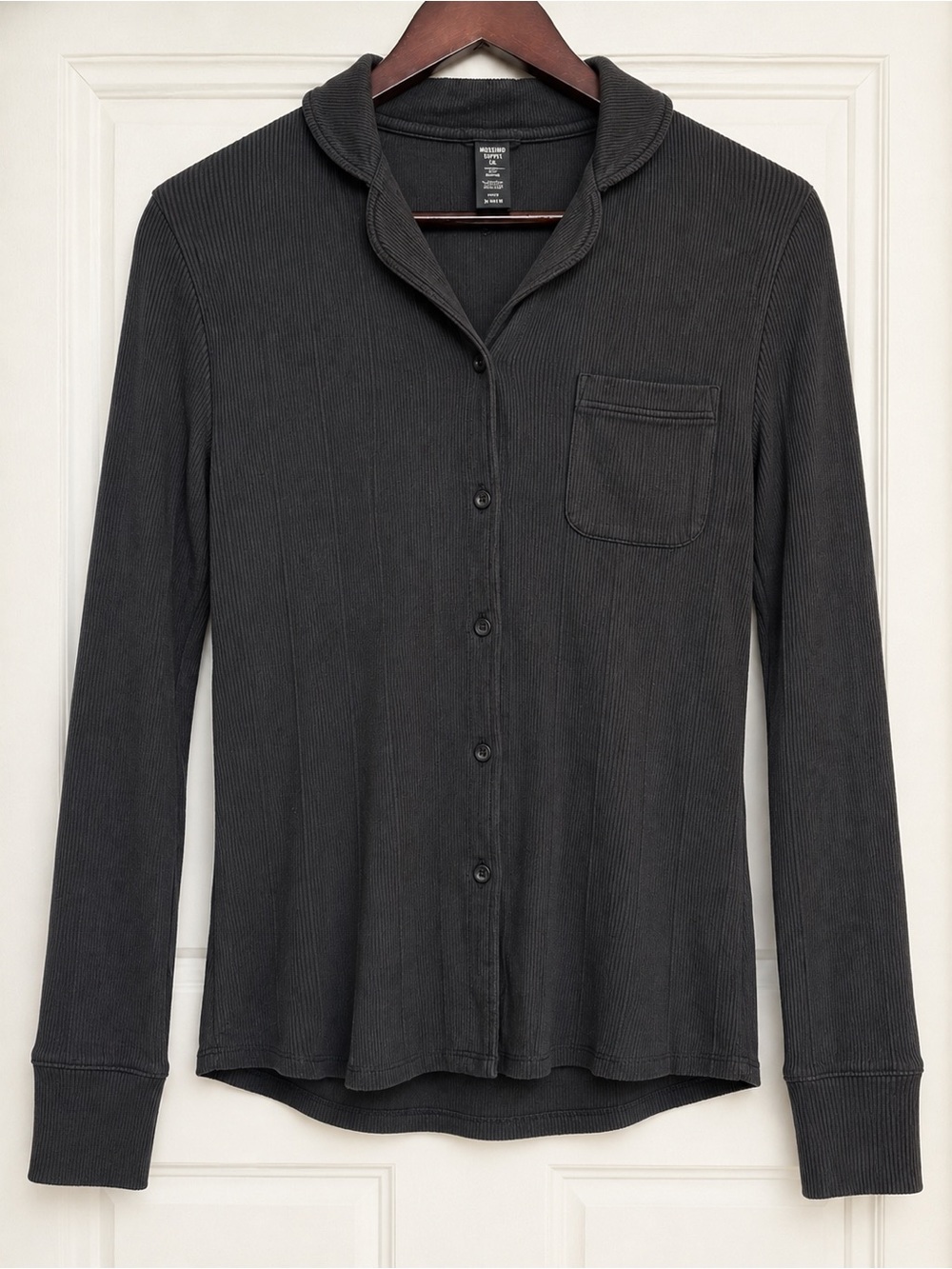 SKIMS Button Front Ribbed Long Sleeve Pajama Shirt in Black